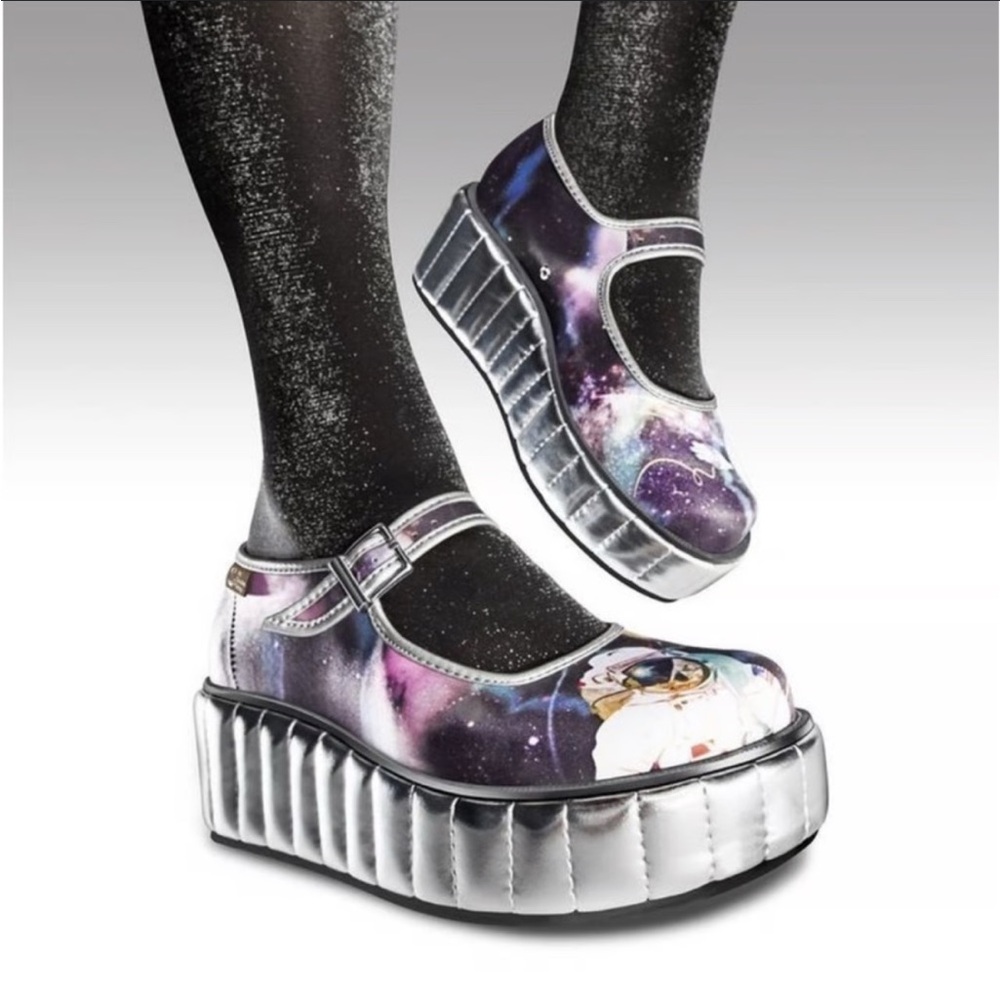 Galaxy Astronaut Platform Mary Janes - Silver Platform, Purple Galaxy Print